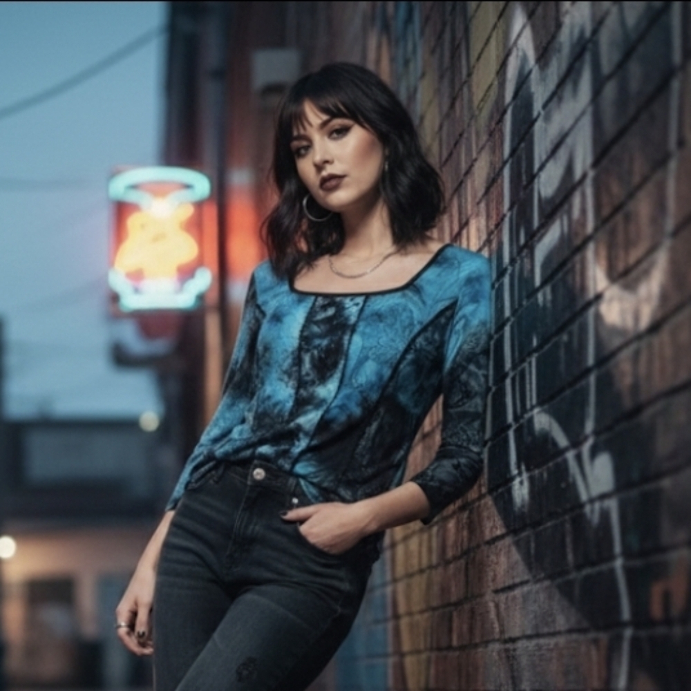 Vintage Dress Barn Blue Abstract Graphic Top Corset Style Y2K Grunge